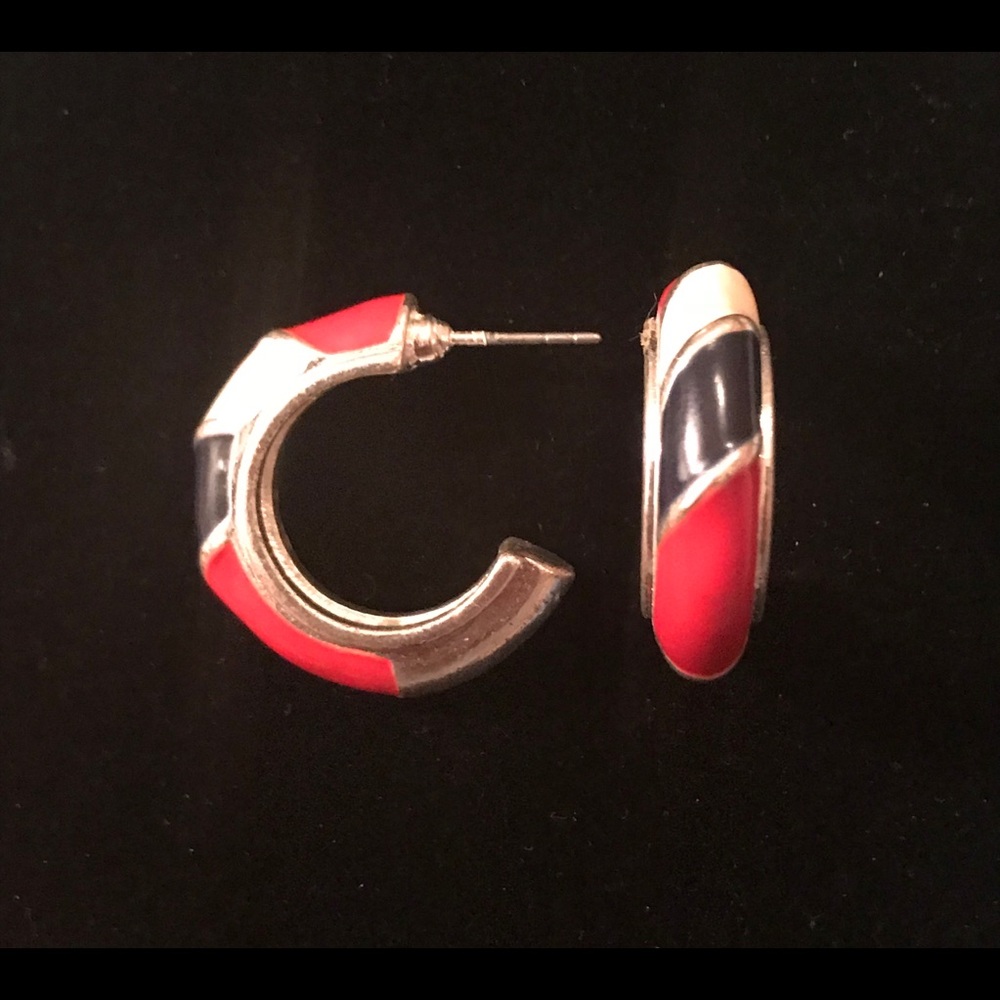 Retro Red White Blue Enamel Silver Tone Earrings